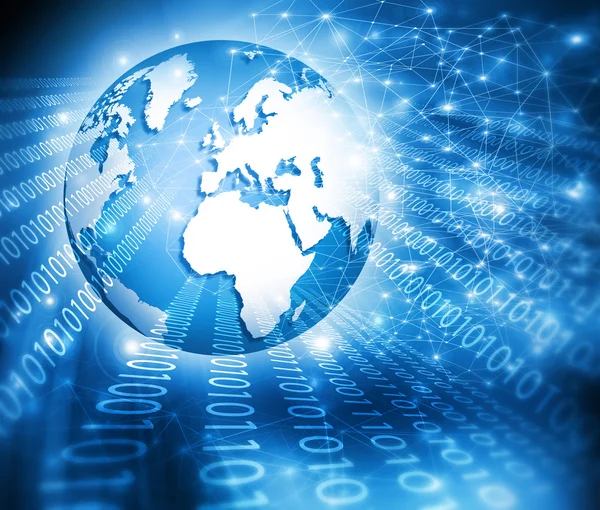 Mejor Concepto de Internet de los negocios globales. Globo, líneas brillantes en el fondo tecnológico. Electrónica, Wi-Fi, rayos, símbolos Internet, televisión, comunicaciones móviles y por satélite —  Fotos de Stock