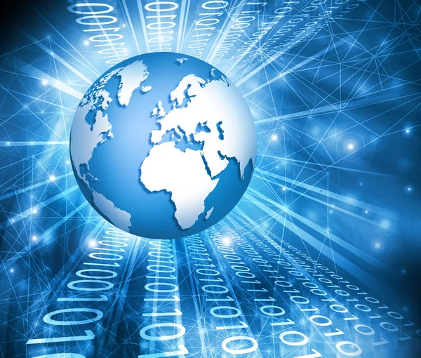 Bästa Internet Begreppet global verksamhet. Globe, glödande linjer på teknisk bakgrund. Elektronik, Wi-Fi, strålar, symboler Internet, TV, mobil och satellit kommunikation — Stockfoto