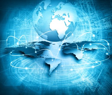Dünya harita üzerinde teknolojik bir arka plan, parlak çizgiler semboller Internet, radyo, televizyon, telefon ve uydu iletişim. Küresel iş en iyi Internet kavramı