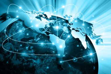 Teknolojik arka planda bir dünya haritası, internetin, radyonun, televizyonun, mobil ve uydu iletişiminin parlak çizgileri. Bu görüntünün elementleri NASA tarafından desteklenmektedir