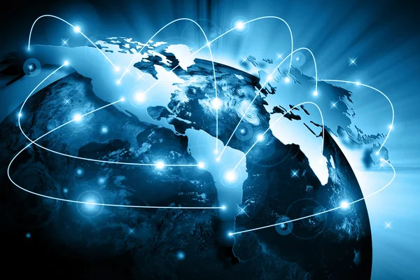 World map on a technological background, glowing lines symbols of the Internet, radio, television, mobile and satellite communications. Elements of this image furnished by NASA — Stock Photo, Image