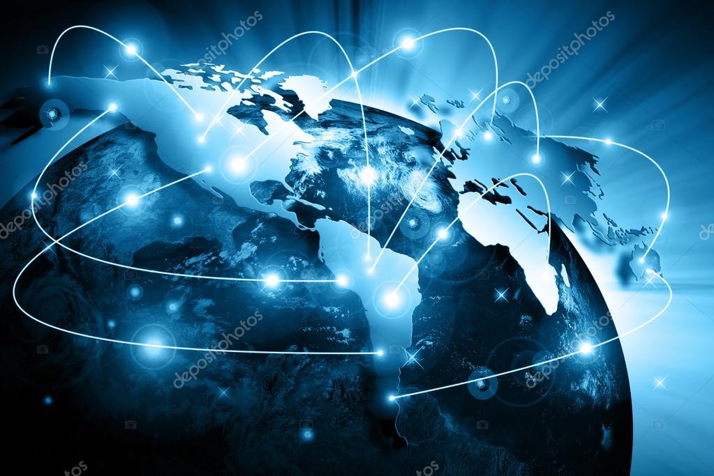 World map on a technological background, glowing lines symbols of the Internet, radio, television, mobile and satellite communications. Internet Concept of global business. Elements of this image