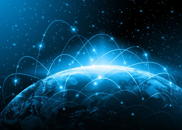 Miglior concetto Internet di business globale. Globe, linee luminose su sfondo tecnologico. Elementi di questa immagine forniti dalla NASA — Foto Stock