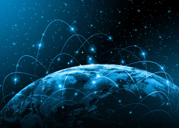 Miglior concetto Internet di business globale. Globe, linee luminose su sfondo tecnologico. Elementi di questa immagine forniti dalla NASA — Foto Stock