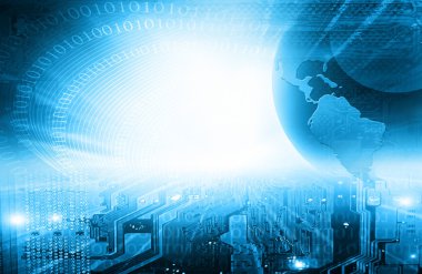 Global iş dünyasının en iyi internet kavramı. Küre, teknolojik arka planda parlayan çizgiler. Elektronik, Wi-Fi, ışınları, sembolleri İnternet, televizyon, mobil ve uydu iletişimi