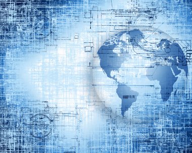 Global iş dünyasının en iyi internet kavramı. Küre, teknolojik arka planda parlayan çizgiler. Elektronik, Wi-Fi, ışınları, sembolleri İnternet, televizyon, mobil ve uydu iletişimi