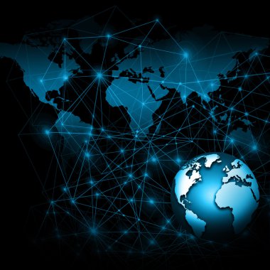 Global iş dünyasının en iyi internet kavramı. Küre, teknolojik arka planda parlayan çizgiler. Elektronik, Wi-Fi, ışınları, sembolleri İnternet, televizyon, mobil ve uydu iletişimi