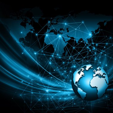 Global iş dünyasının en iyi internet kavramı. Küre, teknolojik arka planda parlayan çizgiler. Elektronik, Wi-Fi, ışınları, sembolleri İnternet, televizyon, mobil ve uydu iletişimi