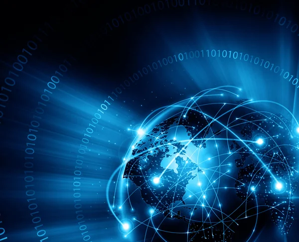 Global iş dünyasının en iyi internet kavramı. Küre, teknolojik arka planda parlayan çizgiler. Elektronik, Wi-Fi, ışınları, sembolleri İnternet, televizyon, mobil ve uydu iletişimi