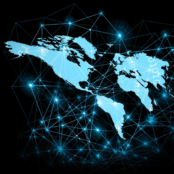 Mapa del mundo sobre un fondo tecnológico, líneas brillantes símbolos de Internet, radio, televisión, comunicaciones móviles y por satélite. Elementos de esta imagen proporcionados por la NASA — Foto de Stock