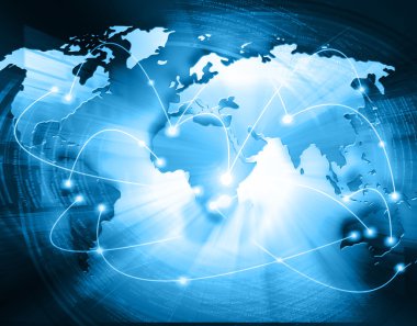 Teknolojik arka planda bir dünya haritası, internetin, radyonun, televizyonun, mobil ve uydu iletişiminin parlak çizgileri. Bu görüntünün elementleri NASA tarafından desteklenmektedir