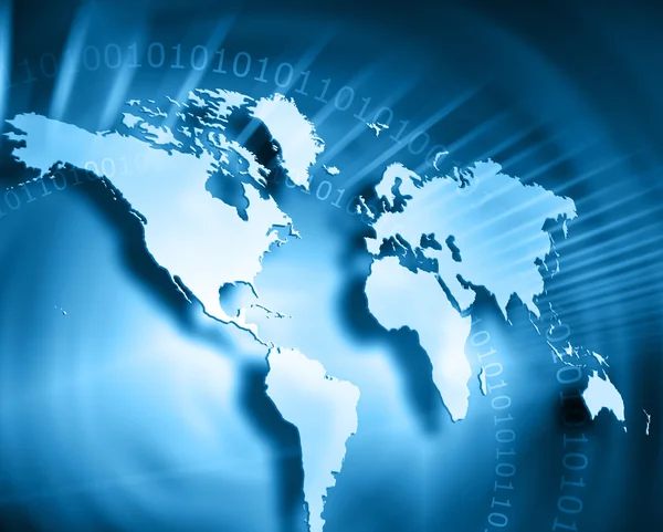 Mapa del mundo sobre un fondo tecnológico, líneas brillantes símbolos de Internet, radio, televisión, comunicaciones móviles y por satélite. Elementos de esta imagen proporcionados por la NASA —  Fotos de Stock