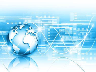 Global iş dünyasının en iyi internet kavramı. Küre, teknolojik arka planda parlayan çizgiler. Elektronik, Wi-Fi, ışınları, sembolleri İnternet, televizyon, mobil ve uydu iletişimi