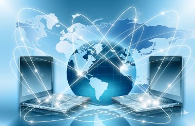 Global iş dünyasının en iyi internet kavramı. Küre, teknolojik arka planda parlayan çizgiler. Elektronik, Wi-Fi, ışınları, sembolleri İnternet, televizyon, mobil ve uydu iletişimi