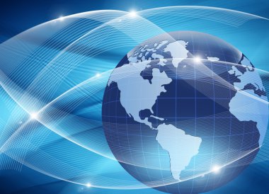 Global iş dünyasının en iyi internet kavramı. Küre, teknolojik arka planda parlayan çizgiler. Elektronik, Wi-Fi, ışınları, sembolleri İnternet, televizyon, mobil ve uydu iletişimi