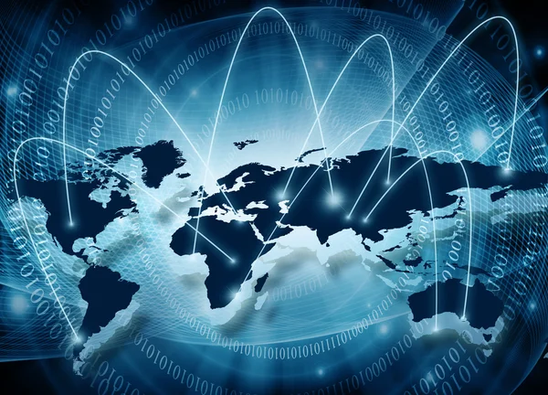 Mapa del mundo sobre un fondo tecnológico, líneas brillantes símbolos de Internet, radio, televisión, comunicaciones móviles y por satélite. Elementos de esta imagen proporcionados por la NASA — Foto de Stock