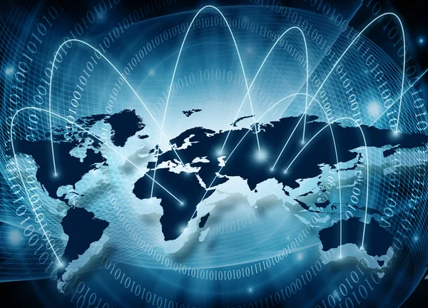World map on a technological background, glowing lines symbols of the Internet, radio, television, mobile and satellite communications. Elements of this image furnished by NASA — Stock Photo, Image