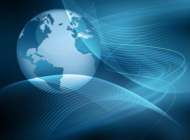 Global iş dünyasının en iyi internet kavramı. Küre, teknolojik arka planda parlayan çizgiler. Elektronik, Wi-Fi, ışınları, sembolleri İnternet, televizyon, mobil ve uydu iletişimi