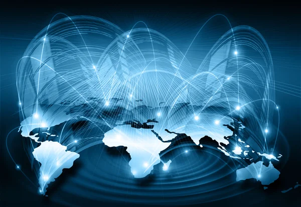 Mapa do mundo sobre um fundo tecnológico, linhas brilhantes símbolos da Internet, rádio, televisão, comunicações móveis e por satélite. Elementos desta imagem fornecidos pela NASA — Fotografia de Stock