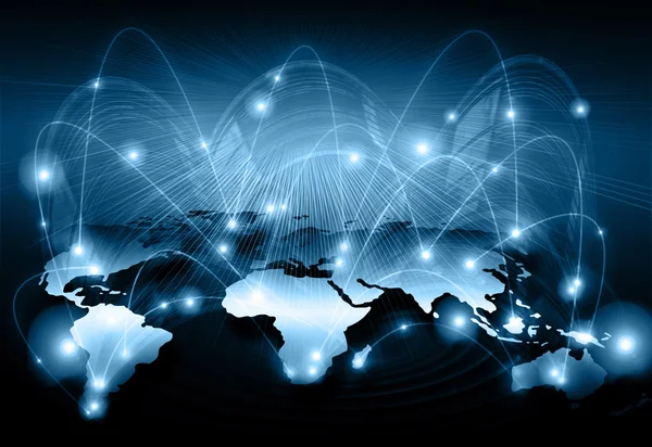Mapa del mundo sobre un fondo tecnológico, líneas brillantes símbolos de Internet, radio, televisión, comunicaciones móviles y por satélite. Elementos de esta imagen proporcionados por la NASA Imagen De Stock