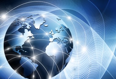 Global iş dünyasının en iyi internet kavramı. Küre, teknolojik arka planda parlayan çizgiler. Elektronik, Wi-Fi, ışınları, sembolleri İnternet, televizyon, mobil ve uydu iletişimi