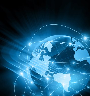 Global iş dünyasının en iyi internet kavramı. Küre, teknolojik arka planda parlayan çizgiler. Elektronik, Wi-Fi, ışınları, sembolleri İnternet, televizyon, mobil ve uydu iletişimi