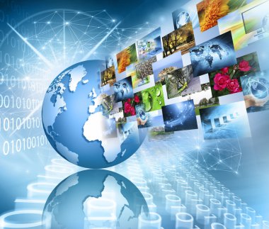 Global iş dünyasının en iyi internet kavramı. Küre, teknolojik arka planda parlayan çizgiler. Elektronik, Wi-Fi, ışınları, sembolleri İnternet, televizyon, mobil ve uydu iletişimi