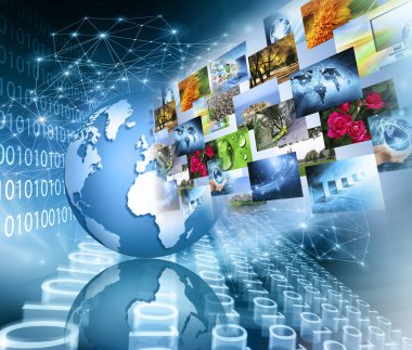 Global iş dünyasının en iyi internet kavramı. Küre, teknolojik arka planda parlayan çizgiler. Elektronik, Wi-Fi, ışınları, sembolleri İnternet, televizyon, mobil ve uydu iletişimi