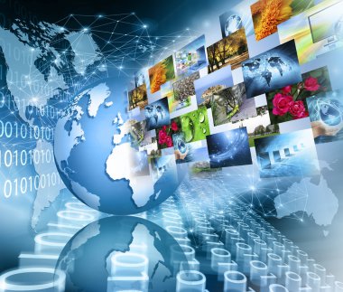 Global iş dünyasının en iyi internet kavramı. Küre, teknolojik arka planda parlayan çizgiler. Elektronik, Wi-Fi, ışınları, sembolleri İnternet, televizyon, mobil ve uydu iletişimi