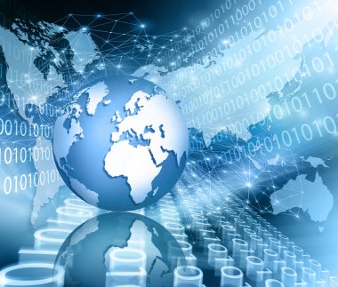 Global iş dünyasının en iyi internet kavramı. Küre, teknolojik arka planda parlayan çizgiler. Elektronik, Wi-Fi, ışınları, sembolleri İnternet, televizyon, mobil ve uydu iletişimi