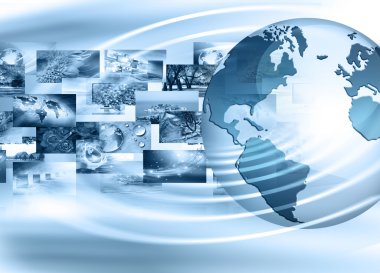 Global iş dünyasının en iyi internet kavramı. Küre, teknolojik arka planda parlayan çizgiler. Elektronik, Wi-Fi, ışınları, sembolleri İnternet, televizyon, mobil ve uydu iletişimi