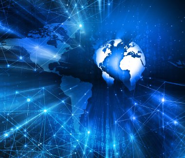 Global iş dünyasının en iyi internet kavramı. Küre, teknolojik arka planda parlayan çizgiler. Elektronik, Wi-Fi, ışınları, sembolleri İnternet, televizyon, mobil ve uydu iletişimi