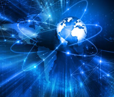 Global iş dünyasının en iyi internet kavramı. Küre, teknolojik arka planda parlayan çizgiler. Elektronik, Wi-Fi, ışınları, sembolleri İnternet, televizyon, mobil ve uydu iletişimi