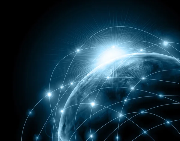 Miglior concetto Internet di business globale. Globe, linee luminose su sfondo tecnologico. Elettronica, Wi-Fi, raggi, simboli Internet, televisione, comunicazioni mobili e satellitari — Foto Stock