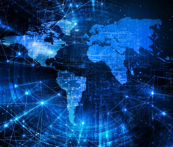 Mapa del mundo sobre un fondo tecnológico, líneas brillantes símbolos de Internet, radio, televisión, comunicaciones móviles y por satélite. Elementos de esta imagen proporcionados por la NASA — Foto de Stock