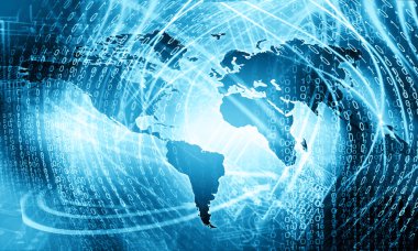 World map on a technological background, glowing lines symbols of the Internet, radio, television, mobile and satellite communications. Elements of this image furnished by NASA