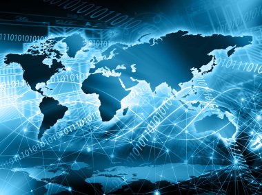 Teknolojik arka planda bir dünya haritası, internetin, radyonun, televizyonun, mobil ve uydu iletişiminin parlak çizgileri. Bu görüntünün elementleri NASA tarafından desteklenmektedir
