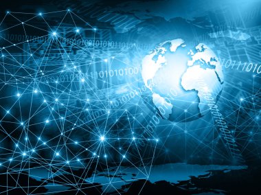 Global iş dünyasının en iyi internet kavramı. Küre, teknolojik arka planda parlayan çizgiler. Elektronik, Wi-Fi, ışınları, sembolleri İnternet, televizyon, mobil ve uydu iletişimi
