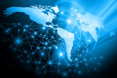 Global iş dünyasının en iyi internet kavramı. Küre, teknolojik arka planda parlayan çizgiler. Elektronik, Wi-Fi, ışınları, sembolleri İnternet, televizyon, mobil ve uydu iletişimi