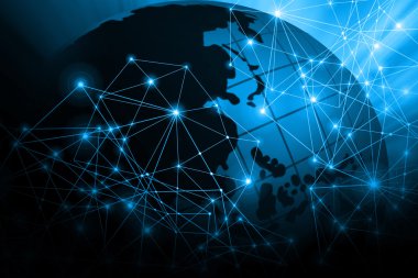 Global iş dünyasının en iyi internet kavramı. Küre, teknolojik arka planda parlayan çizgiler. Elektronik, Wi-Fi, ışınları, sembolleri İnternet, televizyon, mobil ve uydu iletişimi