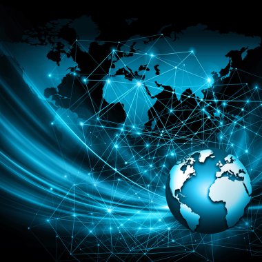 Global iş dünyasının en iyi internet kavramı. Küre, teknolojik arka planda parlayan çizgiler. Elektronik, Wi-Fi, ışınları, sembolleri İnternet, televizyon, mobil ve uydu iletişimi