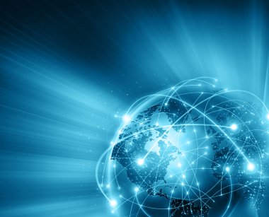 Global iş dünyasının en iyi internet kavramı. Küre, teknolojik arka planda parlayan çizgiler. Elektronik, Wi-Fi, ışınları, sembolleri İnternet, televizyon, mobil ve uydu iletişimi