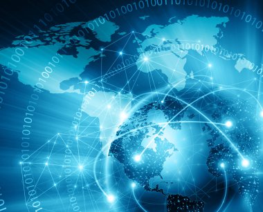 Global iş dünyasının en iyi internet kavramı. Küre, teknolojik arka planda parlayan çizgiler. Elektronik, Wi-Fi, ışınları, sembolleri İnternet, televizyon, mobil ve uydu iletişimi