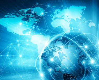 Global iş dünyasının en iyi internet kavramı. Küre, teknolojik arka planda parlayan çizgiler. Elektronik, Wi-Fi, ışınları, sembolleri İnternet, televizyon, mobil ve uydu iletişimi