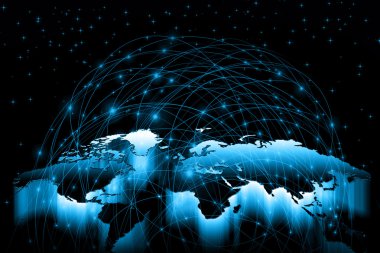 Teknolojik arka planda bir dünya haritası, internetin, radyonun, televizyonun, mobil ve uydu iletişiminin parlak çizgileri. Bu görüntünün elementleri NASA tarafından desteklenmektedir