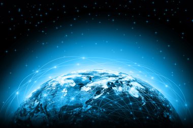 Global iş dünyasının en iyi internet kavramı. Küre, teknolojik arka planda parlayan çizgiler. Elektronik, Wi-Fi, ışınları, sembolleri İnternet, televizyon, mobil ve uydu iletişimi