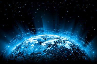 Global iş dünyasının en iyi internet kavramı. Küre, teknolojik arka planda parlayan çizgiler. Elektronik, Wi-Fi, ışınları, sembolleri İnternet, televizyon, mobil ve uydu iletişimi