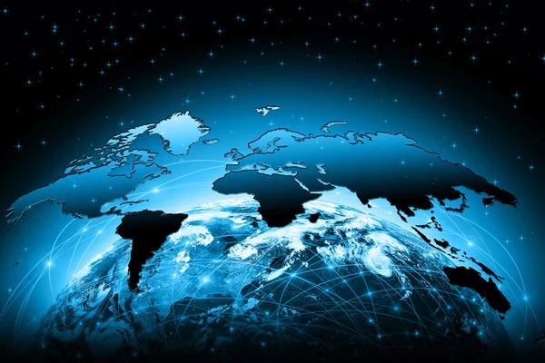 World map on a technological background, glowing lines symbols of the Internet, radio, television, mobile and satellite communications. Elements of this image furnished by NASA — Stockfoto