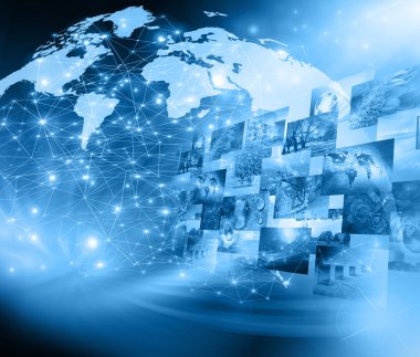 Global iş dünyasının en iyi internet kavramı. Küre, teknolojik arka planda parlayan çizgiler. Elektronik, Wi-Fi, ışınları, sembolleri İnternet, televizyon, mobil ve uydu iletişimi