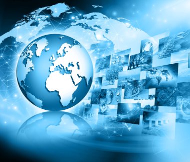 Global iş dünyasının en iyi internet kavramı. Küre, teknolojik arka planda parlayan çizgiler. Elektronik, Wi-Fi, ışınları, sembolleri İnternet, televizyon, mobil ve uydu iletişimi